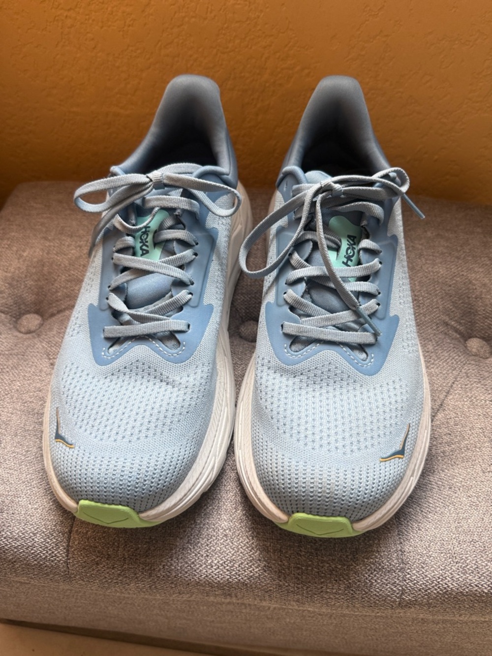 Hoka Pale Blue Running Shoes with Lime Accents